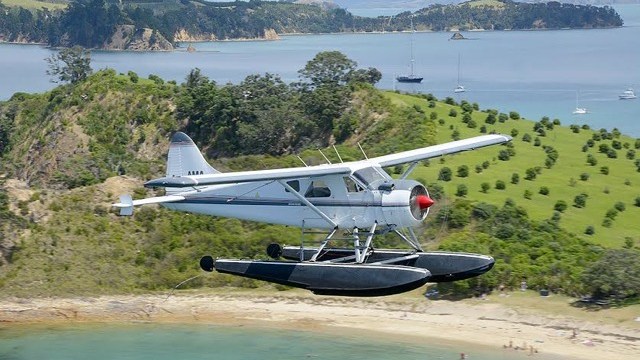 Small plane flying over the small island