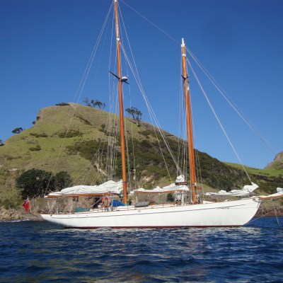 Classic white boat on a small island